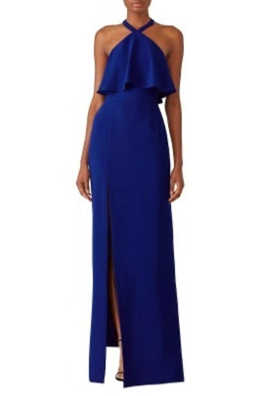 AMANDA UPRICHARD Royal Blue Halter Neckline Fitted Side Slit Gown Size Small